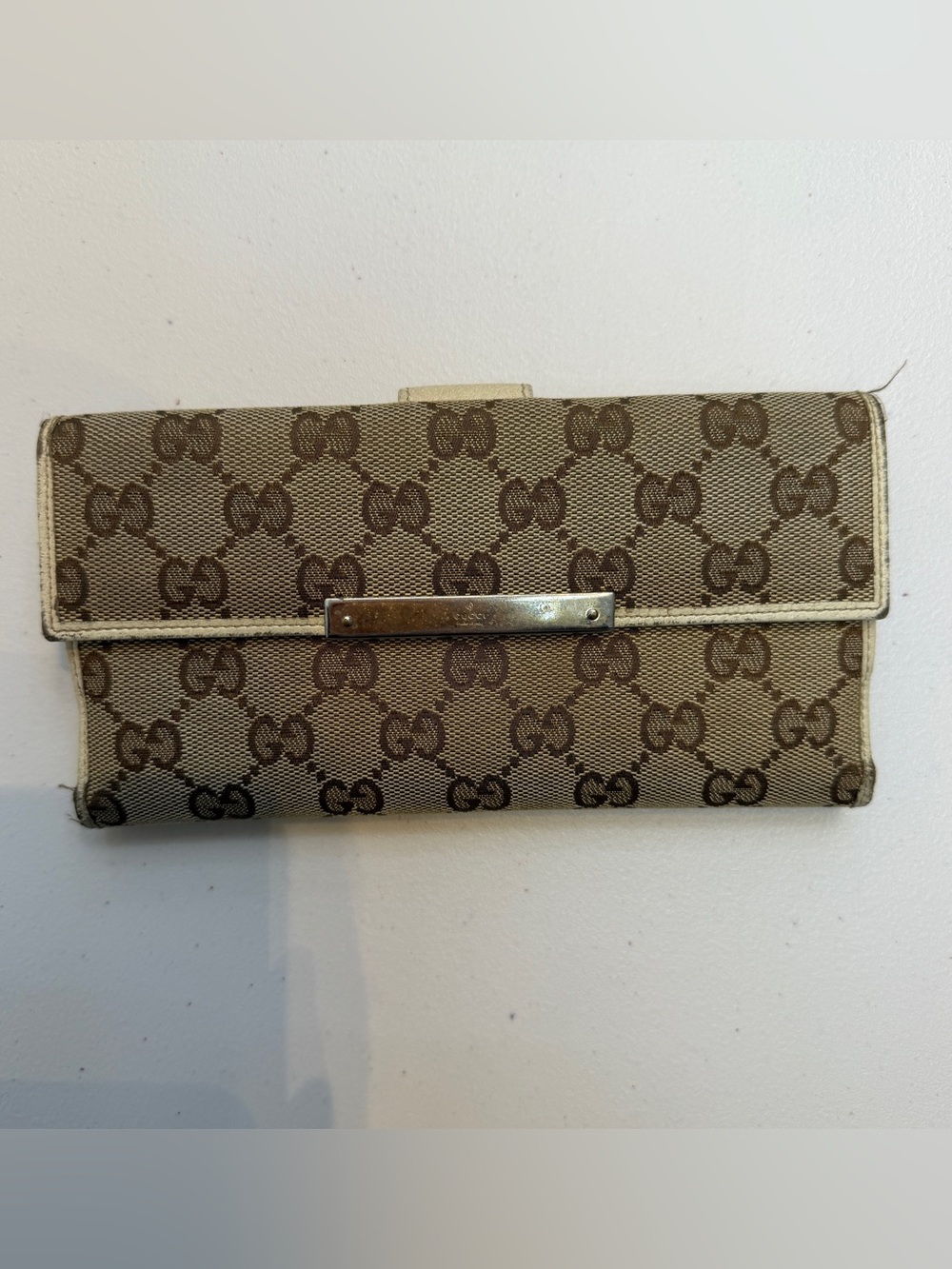 Gucci Brown Monogram Continental Wallet with Gold Plaque